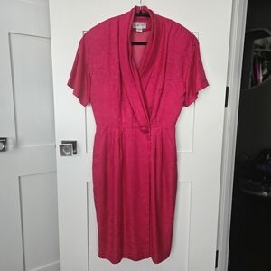 Hot Pink Vintage Paisley Midi Dress Short Sleeves 100% Silk Shoulder Pads